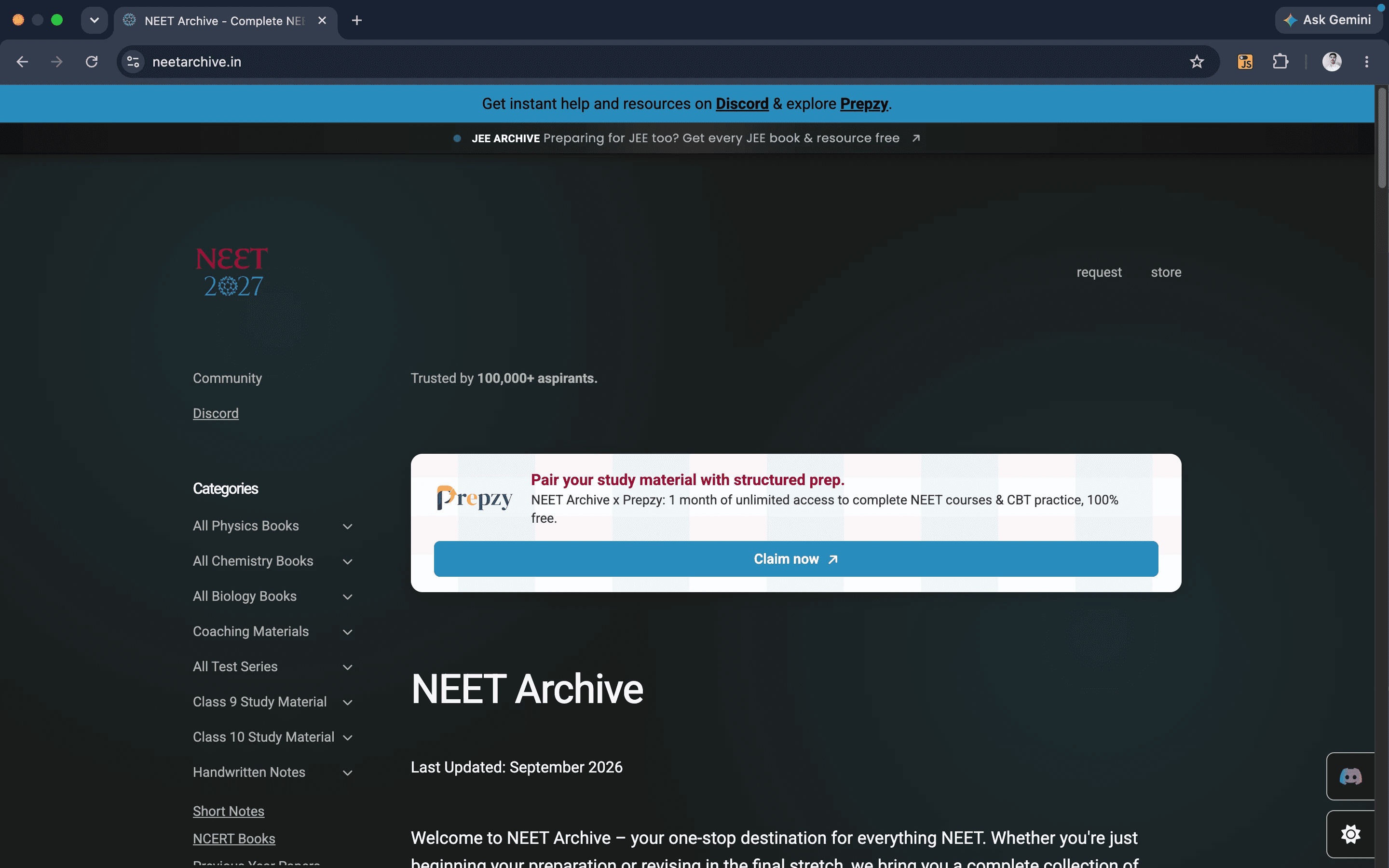 NEET Archive homepage with resource categories for Physics, Chemistry, Biology, coaching materials and test series