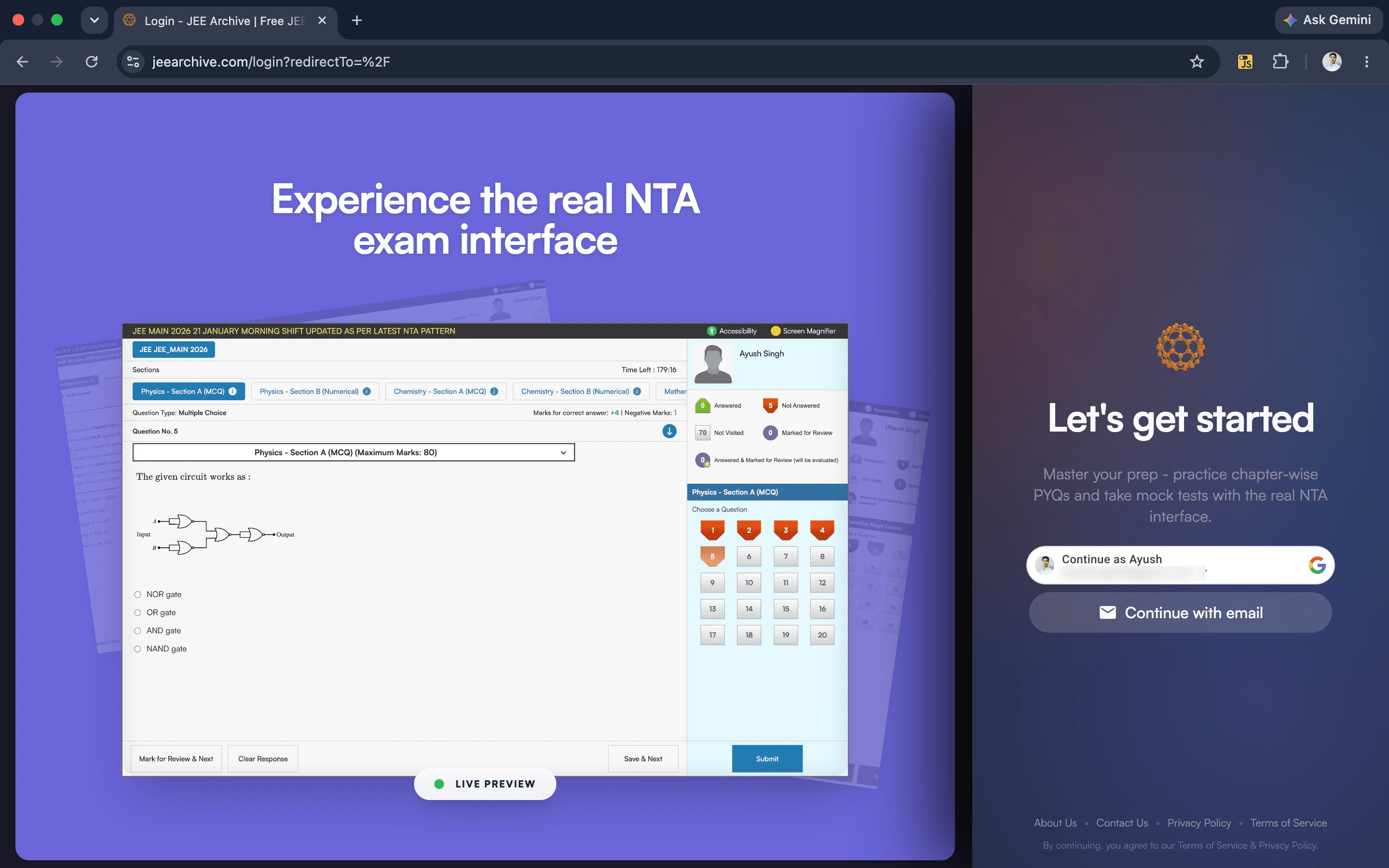 JEEArchive sign-in page previewing the real NTA exam interface
