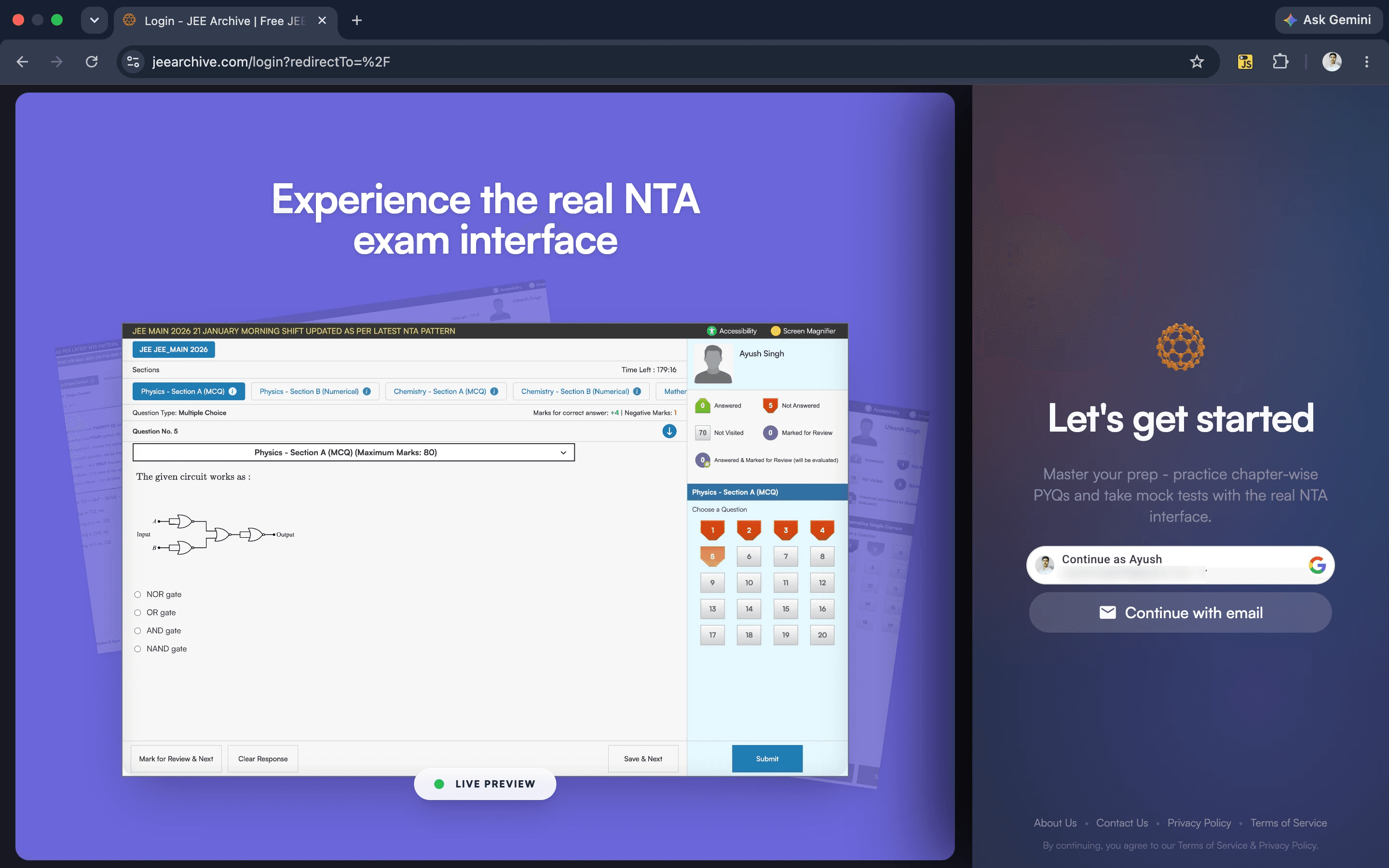 JEEArchive sign-in page previewing the real NTA exam interface