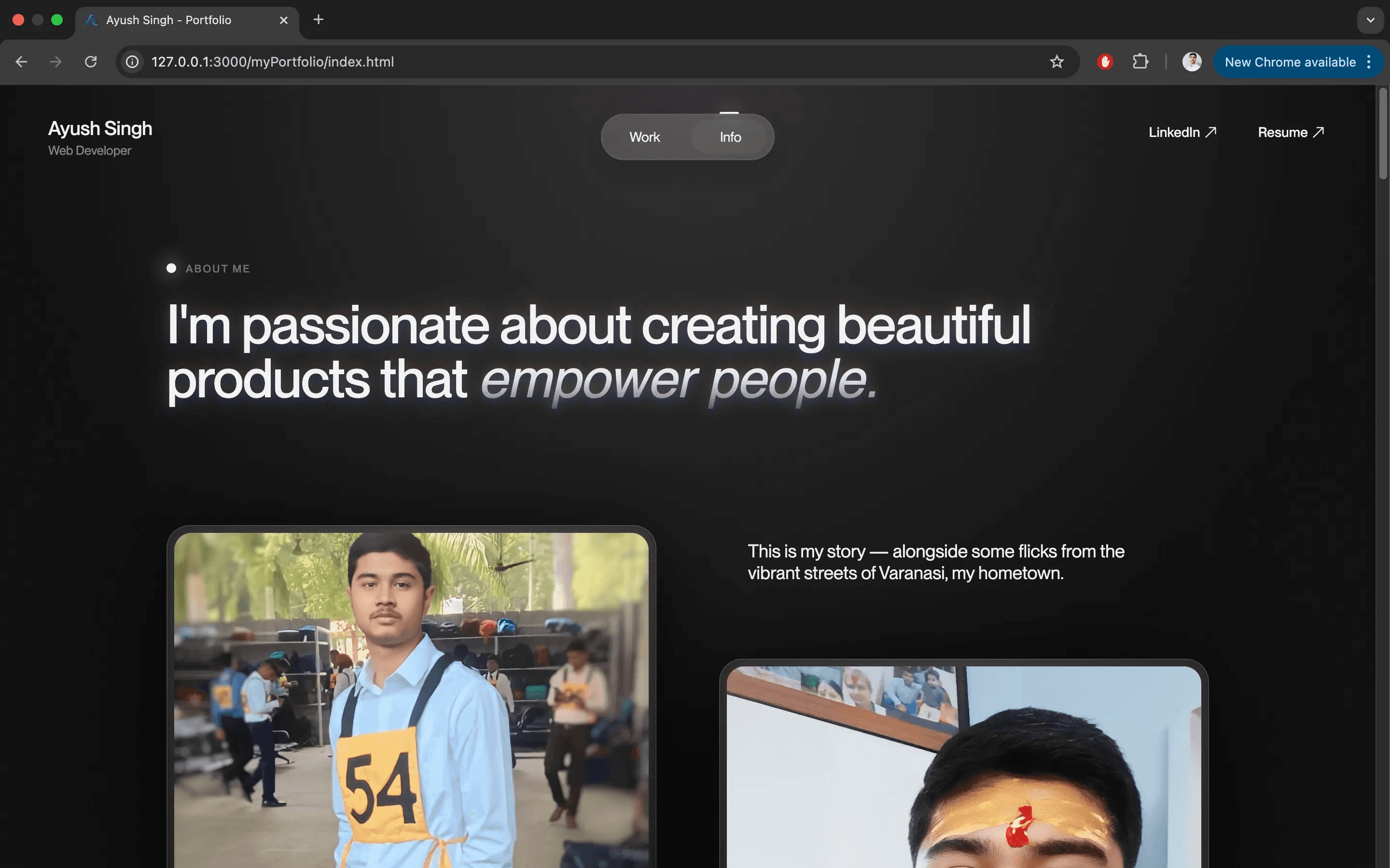 Portfolio work page with the macOS-style window hero