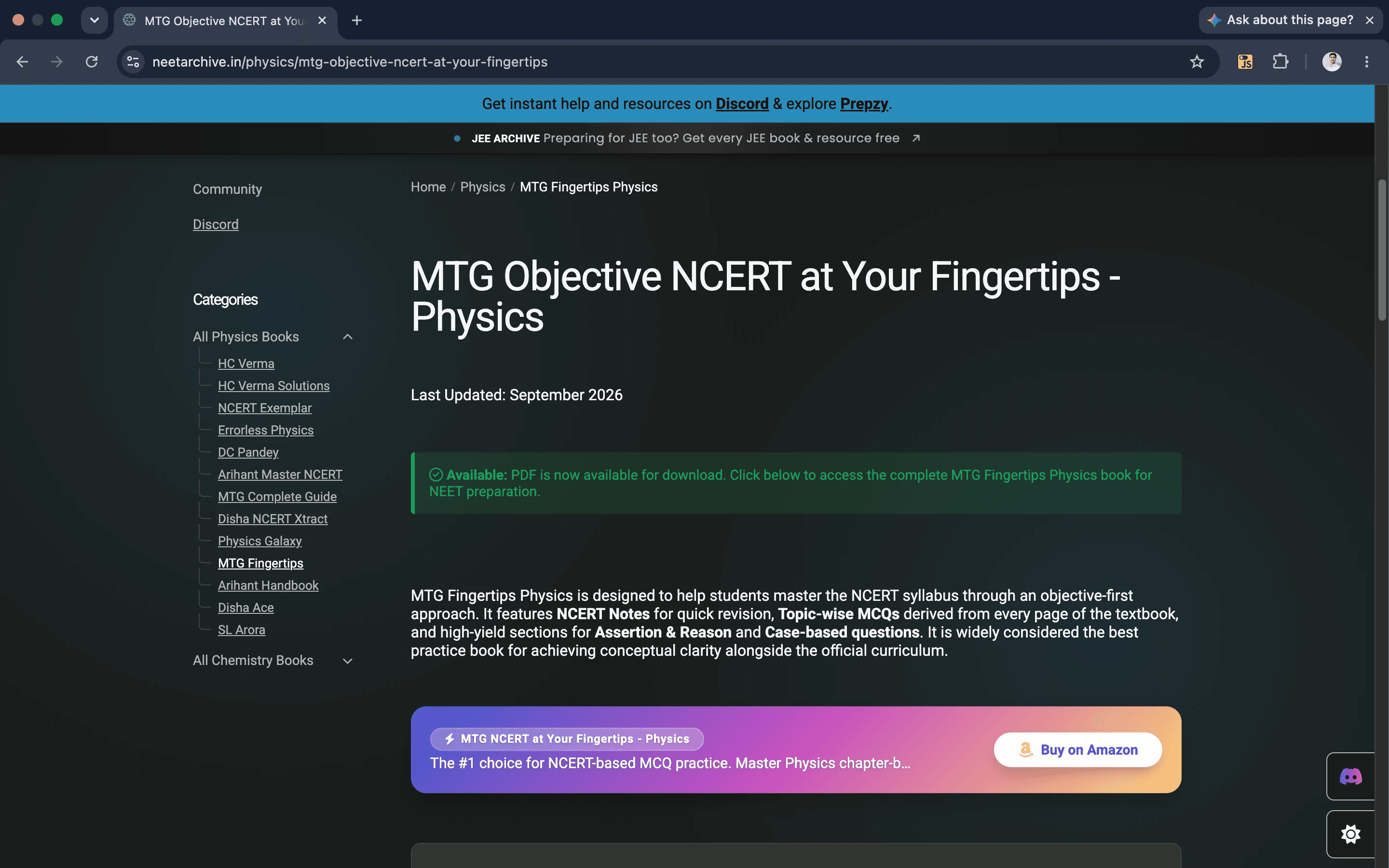 NEET Archive resource page for MTG Objective NCERT at Your Fingertips, Physics